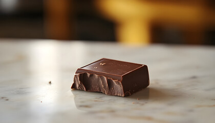 single piece of chocolate sits on a table, awaiting its fate