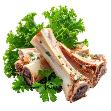 A hearty boil-up of pork bones and seasonal greens in a rich broth, isolated on white background for a clean and classic presentation.