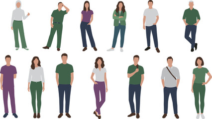 Casual standing character icons, diverse posture gesture set, body language illustration, fashion pose lineup, cad drawing flat vector © It's Sohan Here