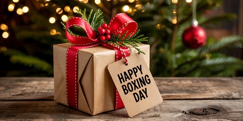Close-up of a Christmas Gift Box with Happy Boxing Day Greeting Tag and Festive Red Ribbon on Rustic Wood