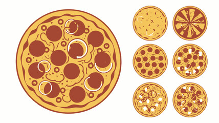 Pizza Varieties in Flat Design with Bright Colors on White Background for Menu Illustration