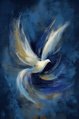 White dove flying with glowing wings in abstract blue and gold brushstroke background, symbolizing peace and hope