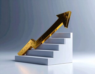Golden Arrow Ascending White Stairs Symbolizing Business Growth and Success.