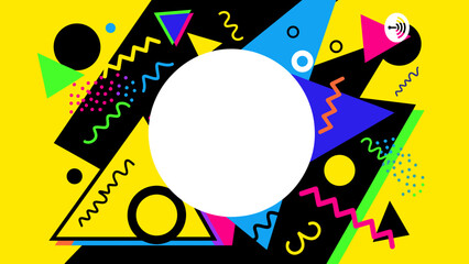 Obraz premium Podcast cover art background template. Memphis design style with bold geometric shapes, triangles, circles, and squiggly lines. Bright pop art colors, yellow and black contrast. Central empty space.