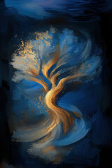 Golden tree of life with swirling blue brushstrokes in abstract painterly style on dark textured background