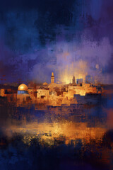 Stylized abstract painting of Jerusalem at sunset with glowing gold and deep blue textured brushwork