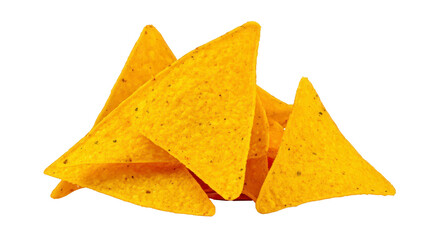 Naklejka premium Crunchy yellow corn tortilla chips stacked in pile, showing crispy texture and triangular shape, perfect for snacking or dipping at parties and gatherings