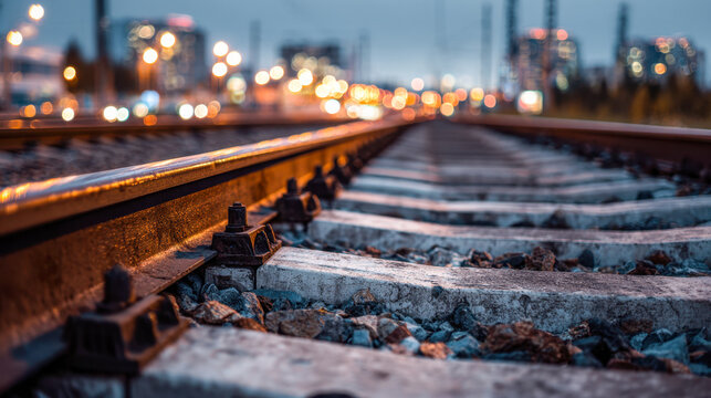 Urban railway tracks illuminated by city lights during twilight with blurred skyscrapers in the background focusing on metal rails and stone ballast details