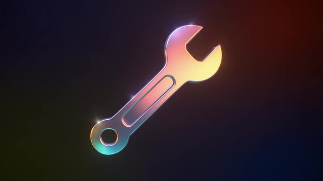 3D Rendered Metallic Wrench Icon with Rainbow Refraction on Dark Background spanner tool