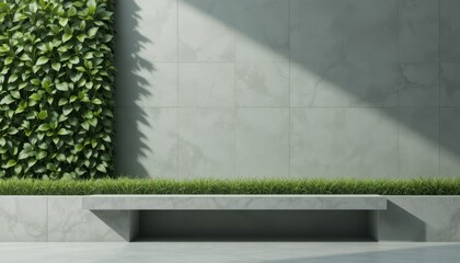 Modern outdoor seating area with green wall and grass