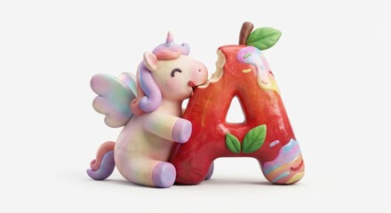 Cute Unicorn Eating a Colorful Apple Shaped Letter 'A' on White Background