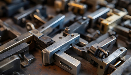 Close-up view of various metal clamps