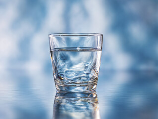 Transparent glass filled with clear fresh water reflecting soft blue and white light patterns creating a calm and refreshing atmosphere on smooth surface