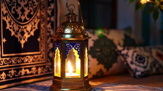 Traditional Ramadan Glow: Ornamental Arabic Lantern with Decorative Pillows and Rug