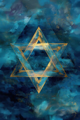 Golden Star of David on textured blue background with brushstroke effects and spiritual abstract composition