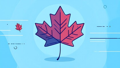 Cartoonish maple leaf on a gradient blue background with leaf accents and minimal abstract decorations
