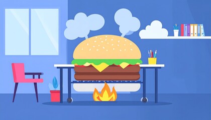 Cartoonish oversized burger on a desk, emitting steam and set ablaze in an office