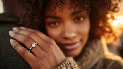 A joyful moment captured under golden light, featuring a woman showing off her stunning engagement ring while embracing her partner.