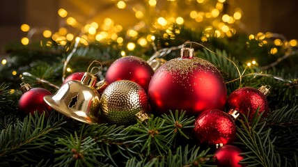 Festive Christmas Still Life with Red and Gold Baubles on Pine Branches and Glowing Bokeh Background
