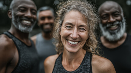 A vibrant group of four individuals, featuring a smiling woman at the forefront, showcasing joy and camaraderie in a fitness setting.