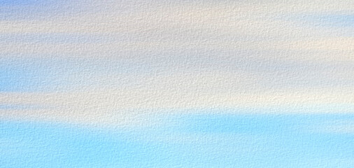 Blue heaven occasionally lit by clouds. White fluffy clouds give sky peaceful serene appearance. blue white watercolor painting textured paper, background forgreeting card banner template page design.