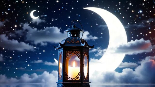 Spiritual Radiance: Islamic Lantern Under a Starry Night Sky with Crescent Moon