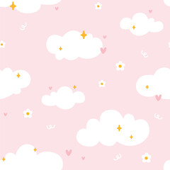 Obraz premium Seamless pattern featuring cute white clouds, yellow stars, pink hearts and daisies on pastel background. Minimalist doodle style for nursery textiles, baby shower packaging or stationery designs
