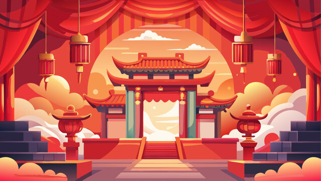 A vibrant illustration of a traditional chinese gate during a festive celebration