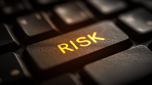 A close-up of a keyboard key labeled RISK, illuminated in orange, emphasizing the concept of risk in a digital context.