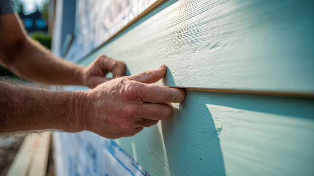 Hands of a craftsman carefully installing light blue wooden siding panels on an outdoor wall during house exterior renovation project