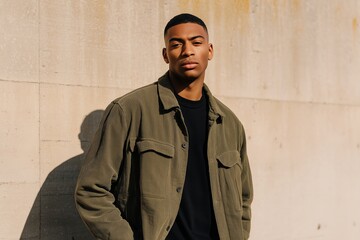 Young African American man in stylish olive green jacket stands confidently against a textured concrete wall, showcasing modern urban fashion and self-assured demeanor