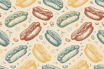 A repeating pattern of sketched hot dogs with mustard and ketchup, rendered in a retro, hand-drawn aesthetic with a muted color palette