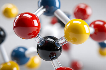 Detailed scientific molecular model with colorful spheres connected by transparent rods illustrating atomic structure and chemical bonding concepts