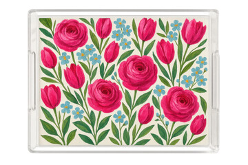 Clear acrylic serving tray featuring vibrant pink roses, red tulips, and blue forget-me-nots in a cheerful floral pattern