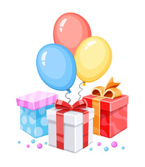 Obraz premium Gifts and colorful balloons for holiday. Packed Christmas or Birthday presents in the boxes with bows. Object cutout. Realistic. Vector Illustration Isolated..