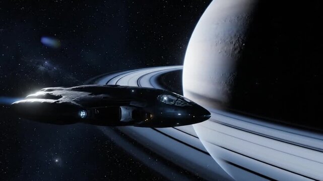 Dark Futuristic Spaceship Flying Past a Large Ringed Planet in Deep Space 3D Render isolated PNG with Transparent Background