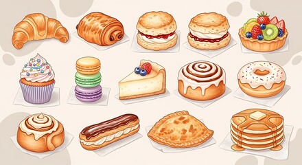 A vibrant watercolor illustration showcases an assortment of baked pastries