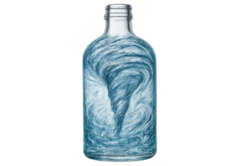 Water tornado swirling inside a clear glass bottle isolated on transparent background, representing controlled chaos and power