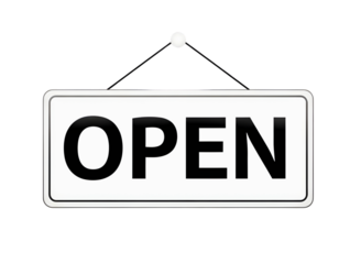 Open sign hanging on a transparent background with a black outline and text