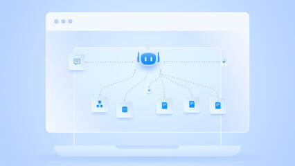 AI workflow automation artificial intelligence. ai agent network diagram dashboard with connected description input, data and automation system.