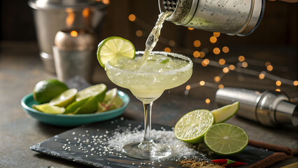Refreshing margarita cocktail being poured into salt rimmed glass