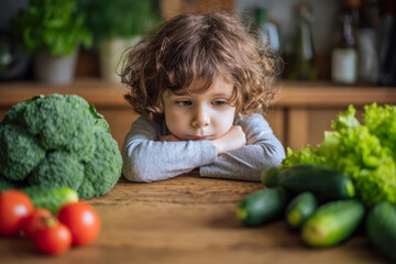 Fototapeta premium Young child with curly hair looking thoughtfully at an assortment of fresh vegetables spread out on a wooden table indoors
