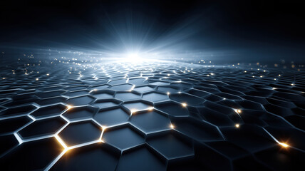 Obraz premium Hexagon grid glowing with bright white light creating stretched landscape on deep blue scene