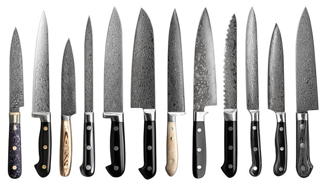 Collection of high-quality kitchen knives isolated on transparent background