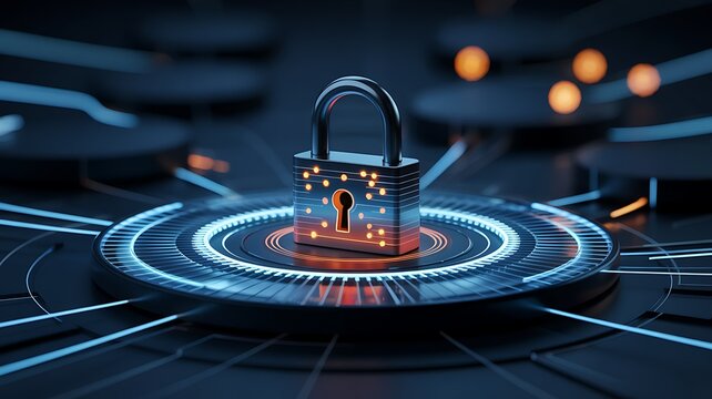 Cyber security padlock icon integrated into a glowing circular digital interface on a dark technological background - Powered by Adobe