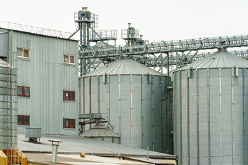A large modern plant located near a wheat field for the storage and processing of grain crops. view of the granary illuminated by the light of the setting sun against the blue sky. harvest season.