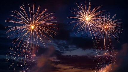 Vibrant golden fireworks exploding in the dark blue night sky during a festive celebration or New Year event with colorful light trails