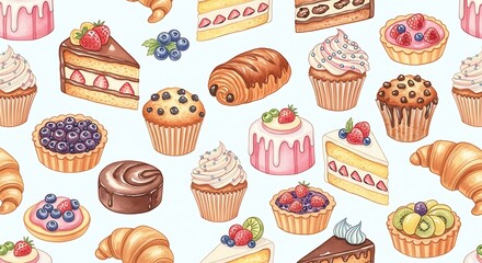 A vibrant, watercolor-style illustration showing an array of assorted baked goods and pastries scattered across a soft-blue background