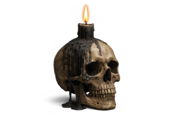 Human skull with a burning candle on top dripping black wax, representing death, memento mori, and occult rituals