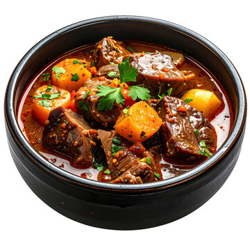 A hearty kangaroo tail stew in a dark bowl, a traditional Australian bush food with rich gravy, carrots, and potatoes.